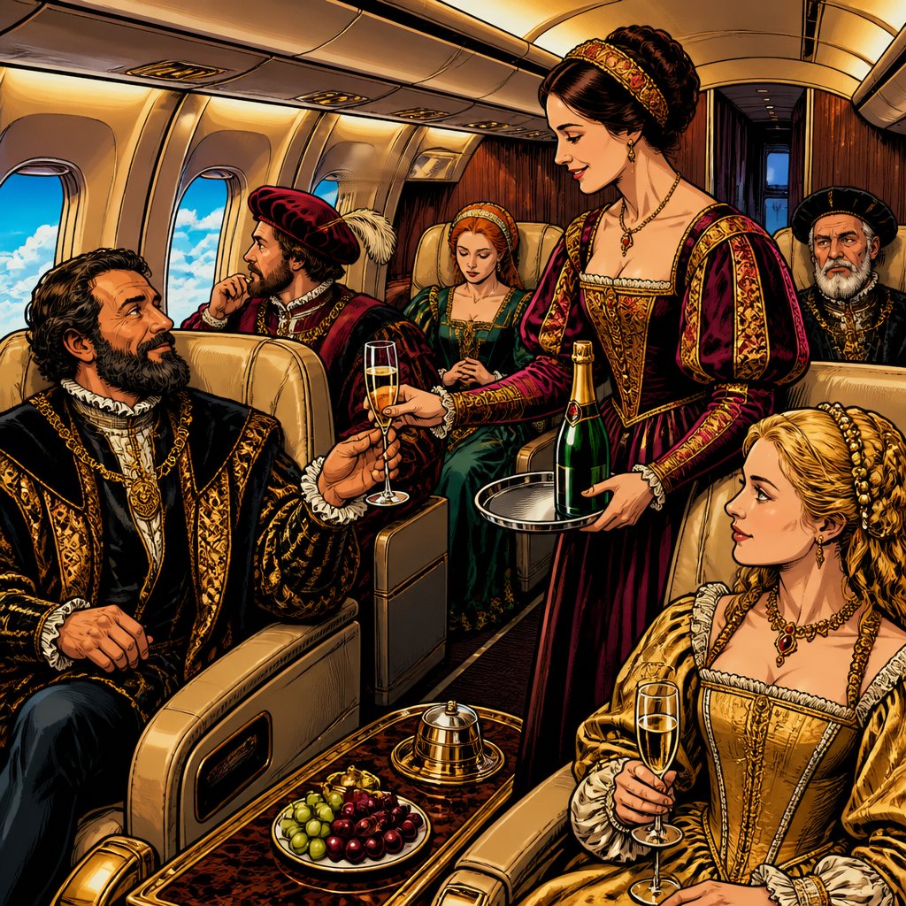 No speech bubbles, no caricature intense colours the interior first class of a modern airliner. The passengers are dressed in ornate Renaissance robes. There’s a stewardess serving champagne. She is also dressed in a renaissance robe.