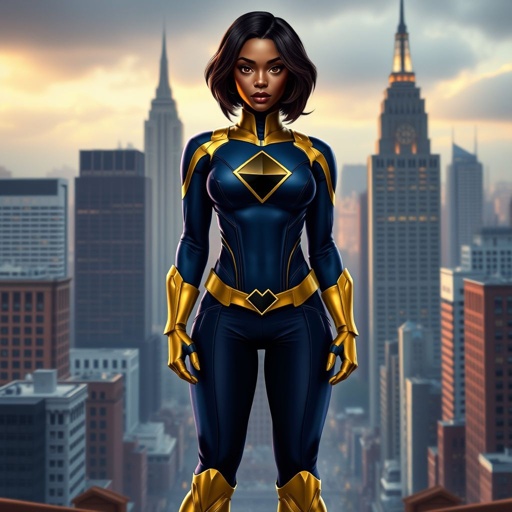 African American female superhero with hair  in a shoulder length side part hairstyle with pure Gold Glowing eyes wearing  a navy blue and gold suit with navy blue pants and gold knee length boots with a diamond with the top half gold and the bottom half black as her chest emblem in Philadelphia 