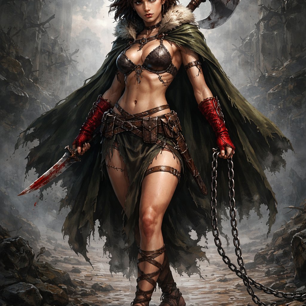 Woman warrior with short blade , chain , gloves red , naked legs , sandals, lonly chained braa, and clock green with axe on back and knife in kilt near body