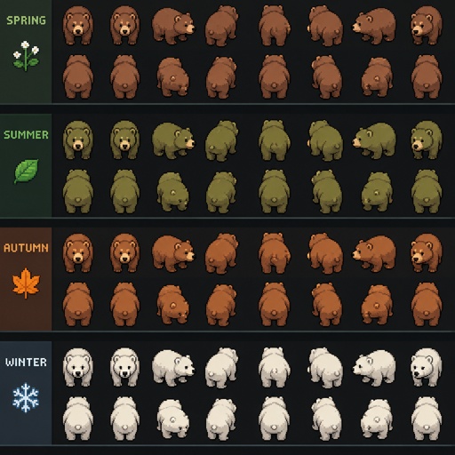 Bear for a fantasy game set in modern times, top-down style, 360, different seasons