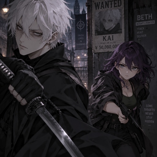 Anime style, male, name kai,highly skilled in fighting all fighting styles and weapons, white hair,dark bags,white skin,earrings, history unknown,Female, name is Beth,medium wavy dark purple hair, gray eyes, short, open jacket with a dark green shirt, she is a Bounty Hunter for hire, she’s tracking down Kai 