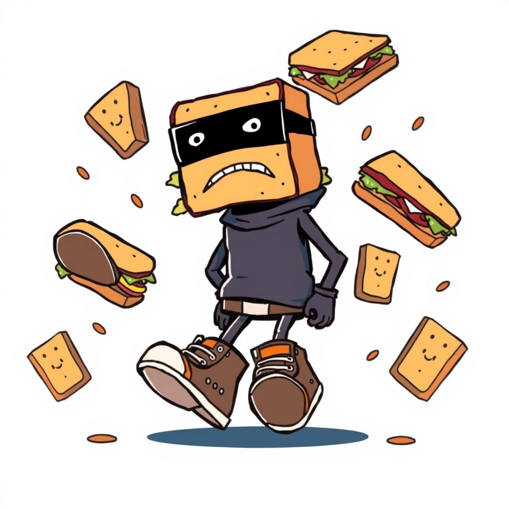 Create a funny looking clumsy sandwhich thief with funny shoes on. Make him have on the bandit black thing around his eyes