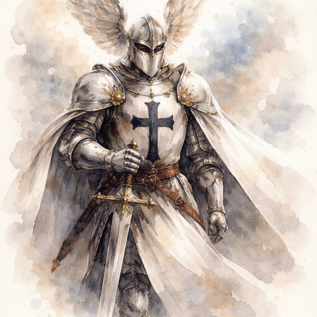 An elite knight with white armour, a black cross on the armour and a winged helmet