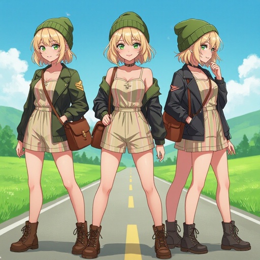 Full-body illustration of Veronica White in a bright, semi-realistic anime-inspired art style consistent with Wolfey’s image. She stands confidently on a sunny travel route surrounded by grass, trees, and distant hills under a clear blue sky. Veronica is a cheerful young woman with a short blonde bob and green eyes, wearing an olive beanie, a beige romper with subtle pink and yellow stripes, a black jacket, a brown satchel slung across her shoulder, and black lace-up boots. Her proportions follow the 8-heads human anatomy rule with natural posture and expressive warmth. Lighting is daylight, vibrant, and adventure-themed. 
