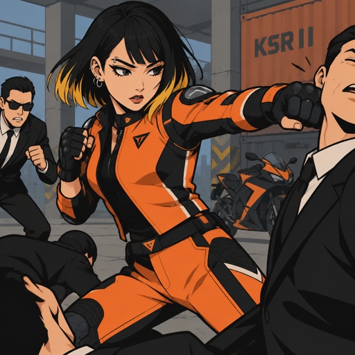 Asian female with straight black neck length hair, yellow tips, side bangs on one side, eyebrow piercing, under eye mascara, ear piercing, motorcycle clothes orange, fighting bad guys