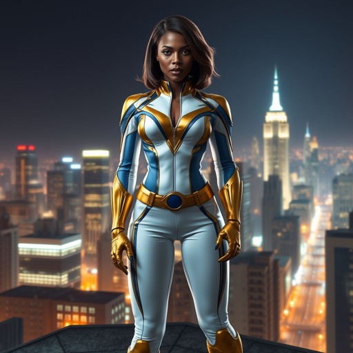 African American female superhero with shoulder length hair in a side part style wearing a gold and white suit with blue accents with white pants and gold boots with a stylized V as her chest emblem standing ona roof in a Philadelphia at night