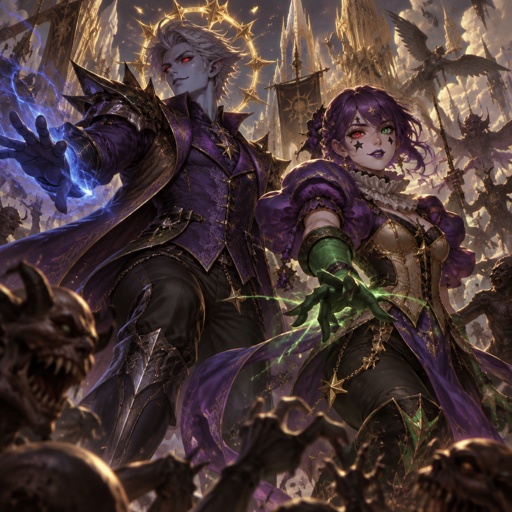 Male, grey short slick pointy back hair, light blue skin, completely full red eyes, red eyes, halo of gold stars surrounding head, purple long coat buttoned up, purple shirt and collar, shirt sleeves over palms, tall boots, black pants, blue details on clothes, pointy shoulder pads dark purple, Female, short purple braids, messy bangs, one red eye the other green, black triangle under eyes, stars on face, dark purple lipstick,  purple dress with a short front, short puffy sleeve, gold corset, long green gloves, green details on clothes, stars on top, ruffled collar, black pants, fighting together, both smiling evil
