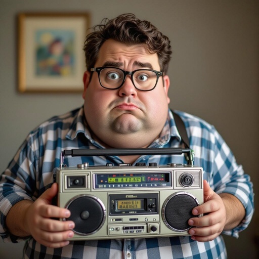 Create a funny fat guy who isnt friendly from New York  has a boom box radio , make it Toy Story graphics  
