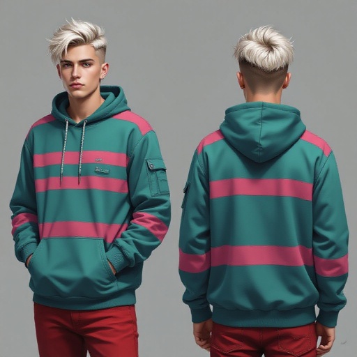 A 19 Year Old Man in Red Skinny Jeans Teal and Pink Striped Tactical Hoodie with Platinum Blonde Hair and an Undercut