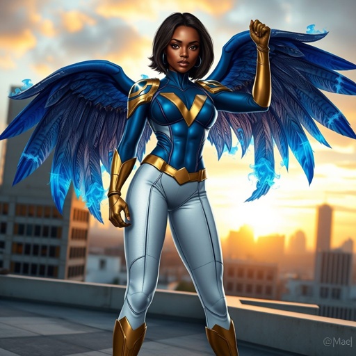 A young African American female superhero with shoulder length hair in a side part style wearing a blue and white suit made of spandex like material that’s slightly armored with gold accents with white pants and gold boots with a stylized V as her chest emblem with wings made of blue fire standing on a roof in a Philadelphia at dawn