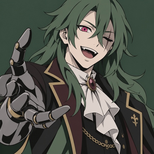 Male,green long hair,one pink eye the other eye is blind, excited,pale skin,fancy, robotic arm