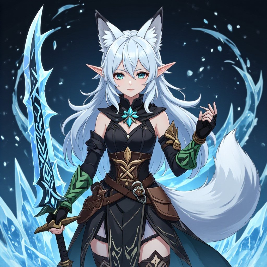 (In the style of an anime game called Genshin Impact) A pale teenage girl wearing black, has medium white hair, has large fox ears and a fluffy tail and a dark green and brown ancient right arm with a black glove on her left arm holding a sword of ice with a black-ish background with ice swirling around her