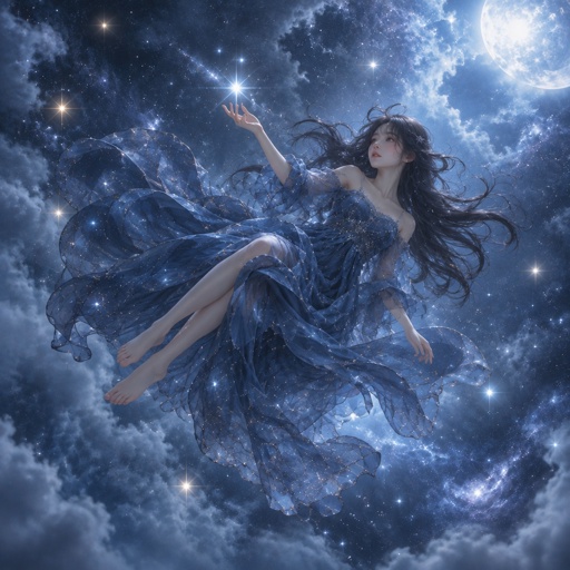 a woman in a blue dress flying through the air
