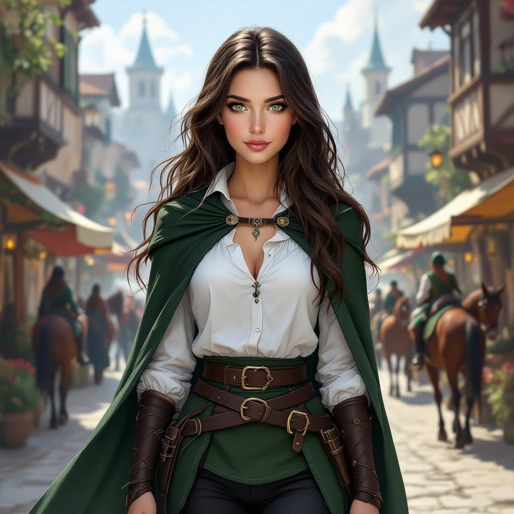 Młoda kobieta o długich brązowych włosach i jasno zielonych oczach. Ubrana jest w białą koszule, na której ma lekką zbroje. Nosi lekką zbroje. Ma ubrane czarne spodnie a na nich zieloną spódnicę krótszą z przodu. Ma ciemnozieloną peleryne. Kobieta jest przyjazna. Ma delikatną urodę. Wąskie usta. Duże oczy. W tle widać miasto w stylu fantasy, konie, kupców. Jest dzień. Klimat fantasy, realistyczny.