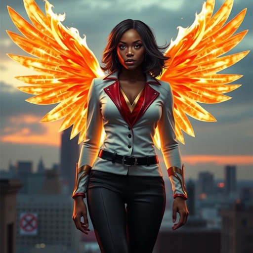 African American female superhero with shoulder length hair in a side part style and wings made of white fire wearing a slightly homemade white red and black suit with black pants with a stylized V as her chest emblem wearing red flat boots made of gold standing in Philadelphia at dusk