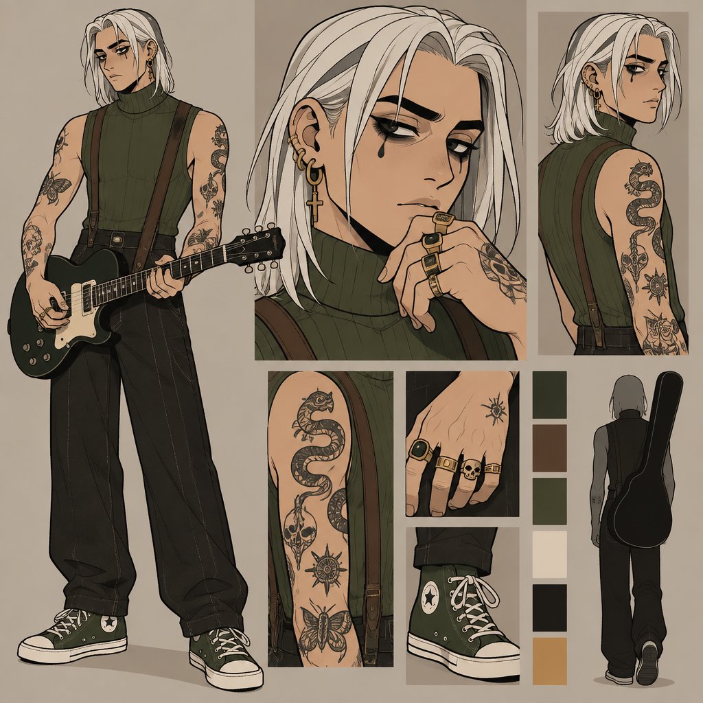 Male, shoulder length straight white hair, grey horizontal lines in hair, under eye mascara, multiple gold ear piercings, tear tattoo under eye, arm tattoos, multiple rings, sleeveless green turtle neck, brown suspenders, green tennis shoes, guitar