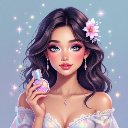 Create a character showing there whole body head to toe, a lady who loves beauty products  
