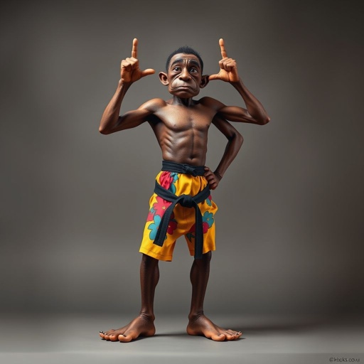 Create a character who looks like a funny African karate guy who doesn’t have a clue what he is doing. Make him have weird toes, only speedos on and a black karate belt. Make him tal skinny and slinky.