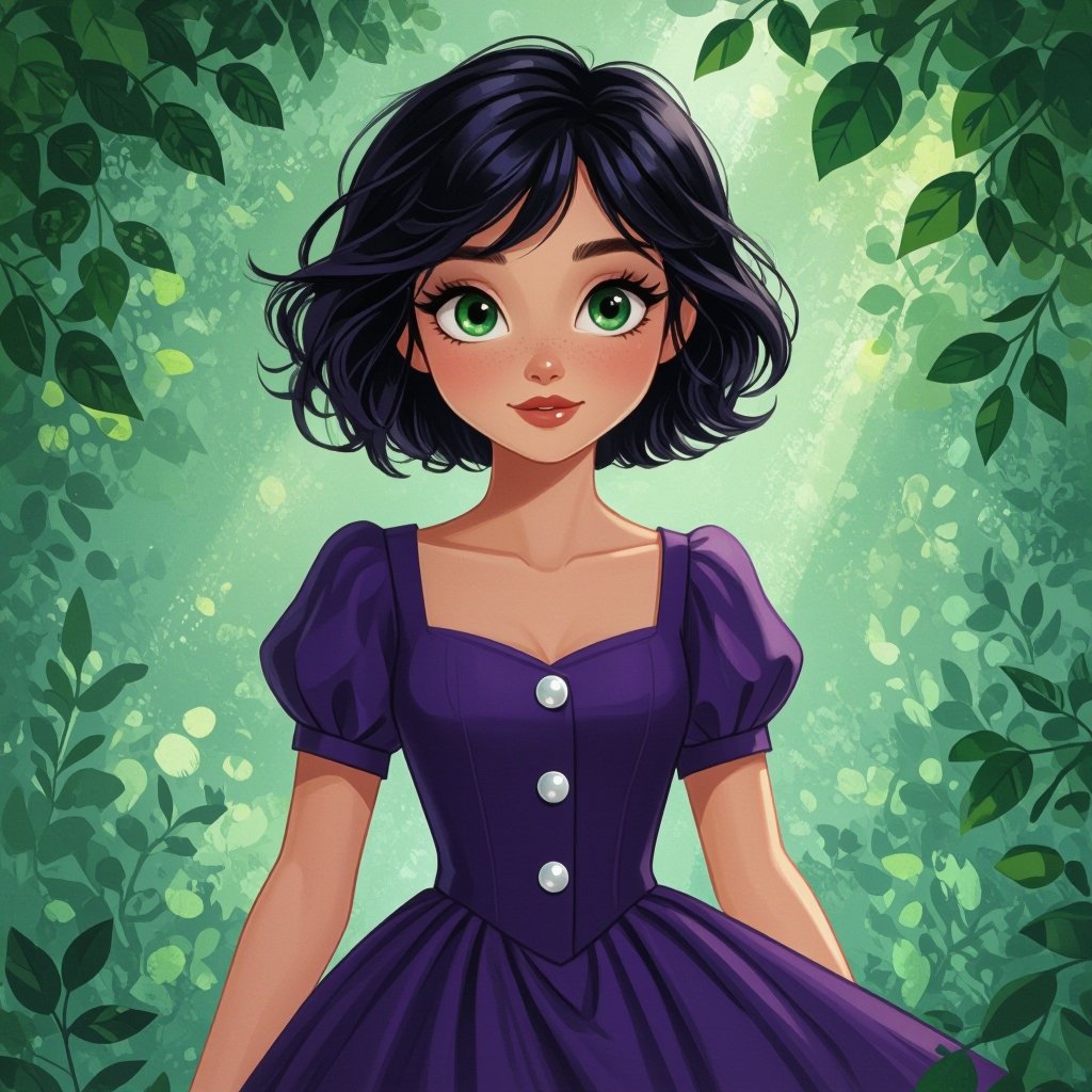 Short black hair. Jade green eyes. Purple fancy dress. 13 years old. Tomboyish. 