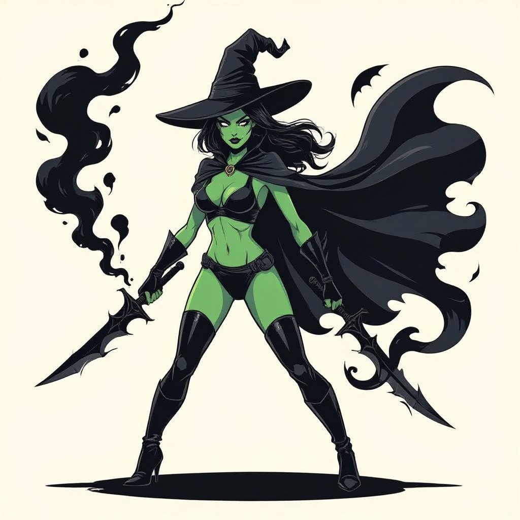 sexy shadow demon witch gypsy slate grey skin large black billowing cloak that emits darkness and shadow smoke. Two piece. Witches Hat.  Wields Black Evil Shadow Smoke Daggers