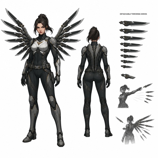 Female superhero a suit that has wings made of knives that can be thrown armor ,design