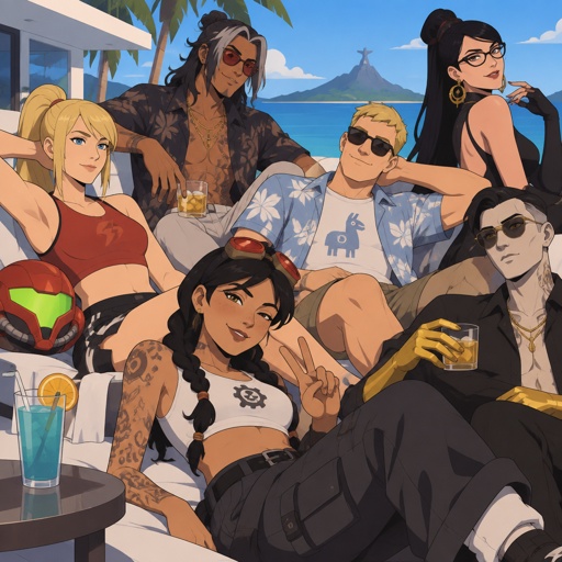 Samus Aran casual clothes, Accurate Kado Thorne from Fortnite pale with white hair, Jones from Fortnite stubble sunglasses casual clothes, Jules from Fortnite casual clothes, Midas from Fortnite casual clothes, Bayonetta from super smash bros casual clothes, all relaxing in the sun