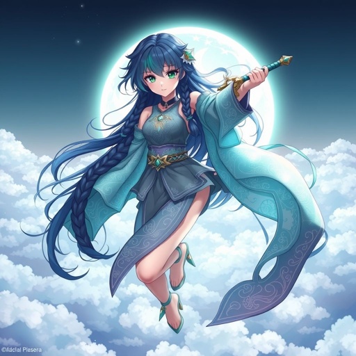 A mildly pale teenage girl. Two-piece goddess-like clothing, glowing emerald eyes, hair as black as coal with cyan tips tied up in a long plait weighed down by a legendary sword, levitating above the clouds