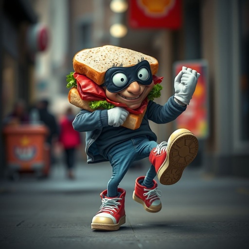 Create a funny looking clumsy sandwhich thief with funny shoes on. Make him have on the bandit black thing around his eyes 