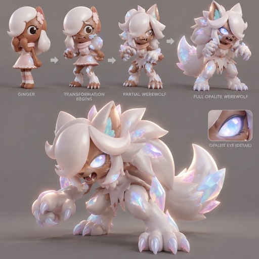 Ginger from dandy’s world turning into a opalite werewolf 