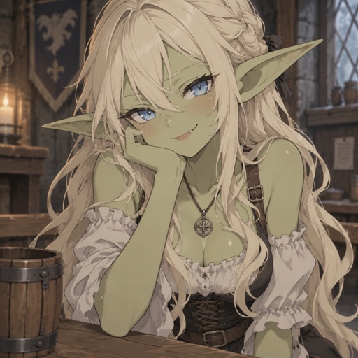 Species: Goblin/elf-like fantasy character * Skin: Light green * Hair: Very long, pale ash-blonde/light-beige hair with soft waves and layered bangs * Eyes: Bright, pale sky-blue * Ears: Long, pointed ears * Face: Delicate features with a small, slightly mischievous smile * Build: Small-statured, slender fantasy character