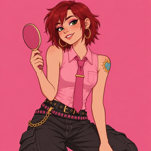 Female, teen, freckles, dark green eyes, hot pink eye shadow, hoop earrings, smiling , choppy red neck length hair, bangs on one side of face, sleeveless button up pink shirt, pink tie with gold clip, blue heart tattoo with a yellow sun inside on shoulder, baggy pants with gold chain, two belts with dark and light pink triangles, looking in hand mirror 