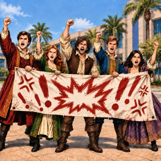 a group of people holding a large banner
