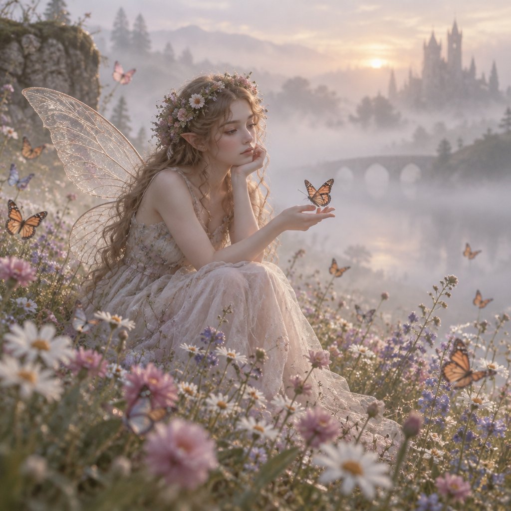 Fairy-Girl sitting in a flower field surrounded by butterflies