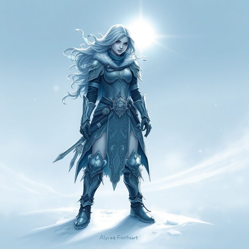 Create a battle woman hero called Alvara the Frostheart. Show full body head to toe including shoes