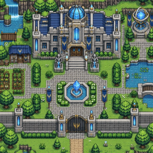 Mansion for a fantasy game set in futuristic times village, exterior, top down style