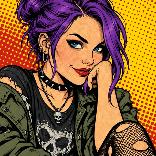 Female,medium hight ,pale,tan,blue eyes,vivid purple hair in a messy bun her front hair is swooped down in her right side,mischievous smile,rebel/grunge clothe style 