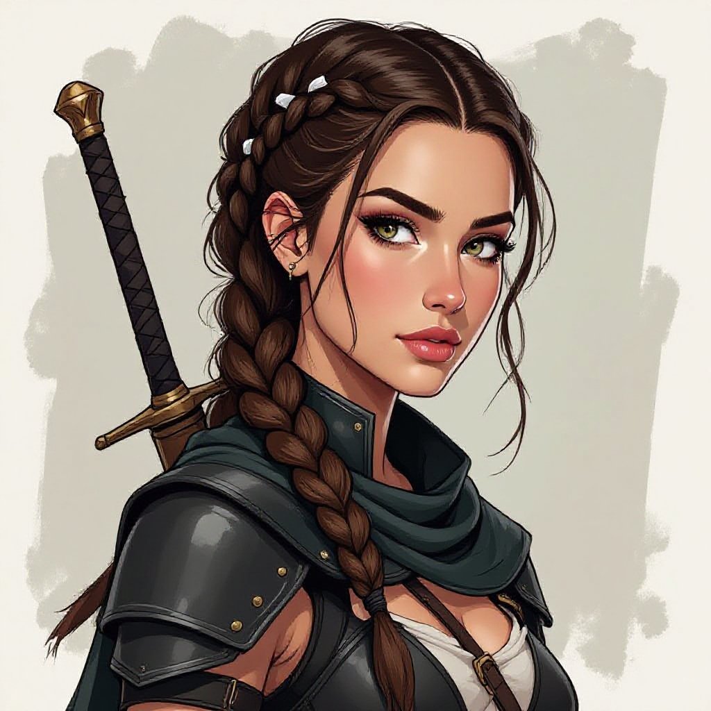 Thin warrior woman of 20 years old, brown hair with the bottom half in white, arranged in a coronet braid. She wears black fighting leathers. She has pale skin. In drawing realistic style