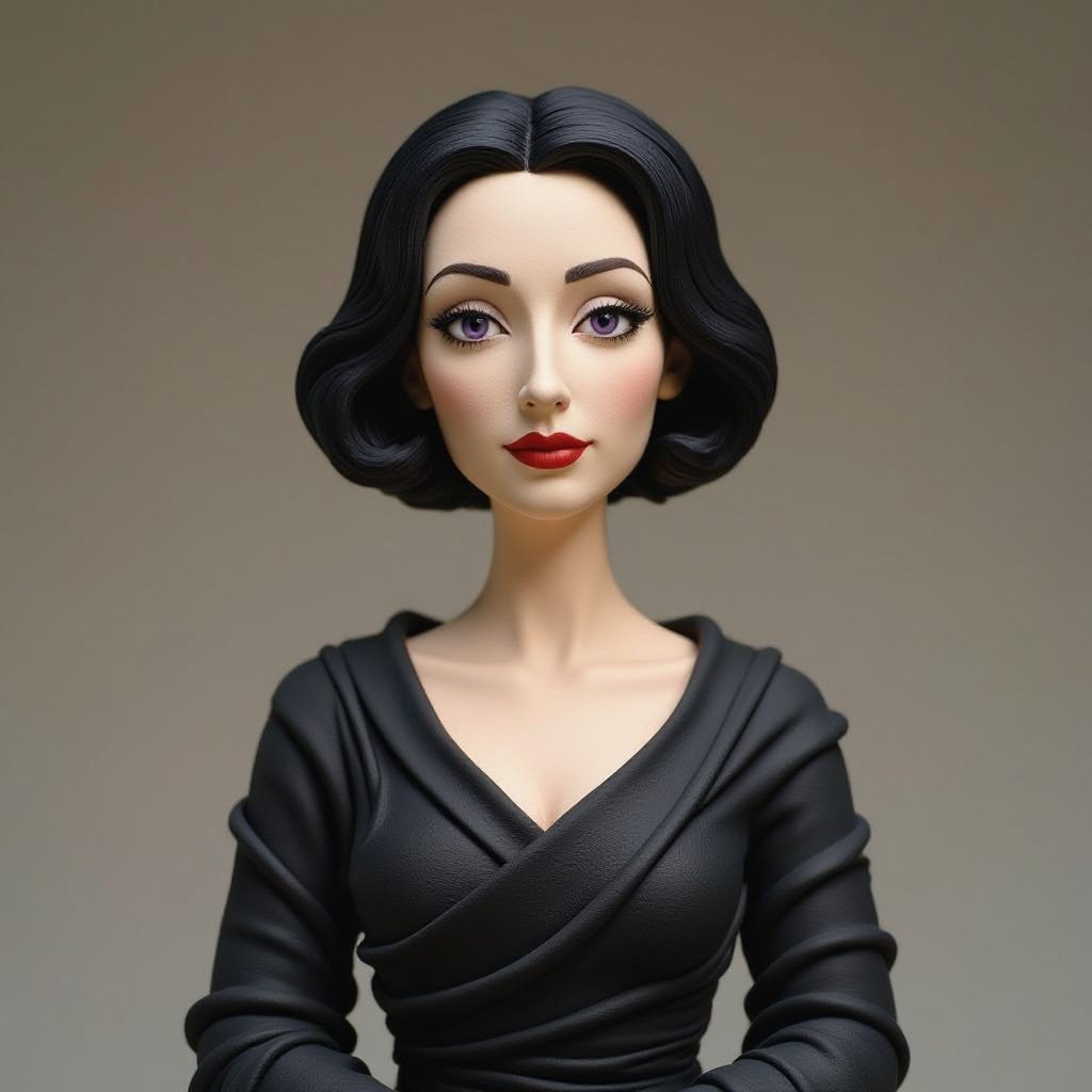 Create A lithe, mysterious woman draped in layered black silks that move like smoke around her. Her jet-black hair is cut sharp to her jawline, and her violet eyes seem to pierce through darkness.