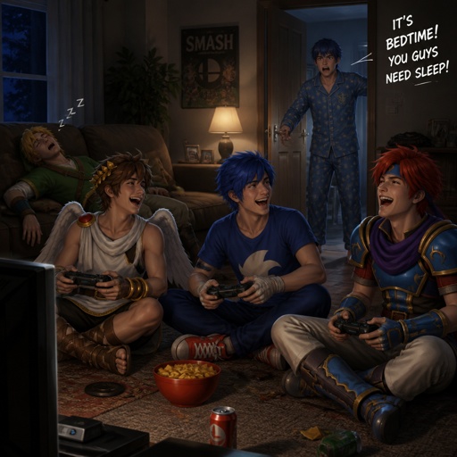 Super smash brothers link from legend of Zelda, pit from kid Icarus, and sonic the hedgehog as a human,Marth from fire emblem,Roy from fire emblem, Roy pit and human sonic playing a video game in the living room on the floor laughing and being loud in the middle of the night, link past out snoring, and Marth coming into the living room wearing pjs yelling at them saying “it’s 4 o’clock in the morning go to bed!”