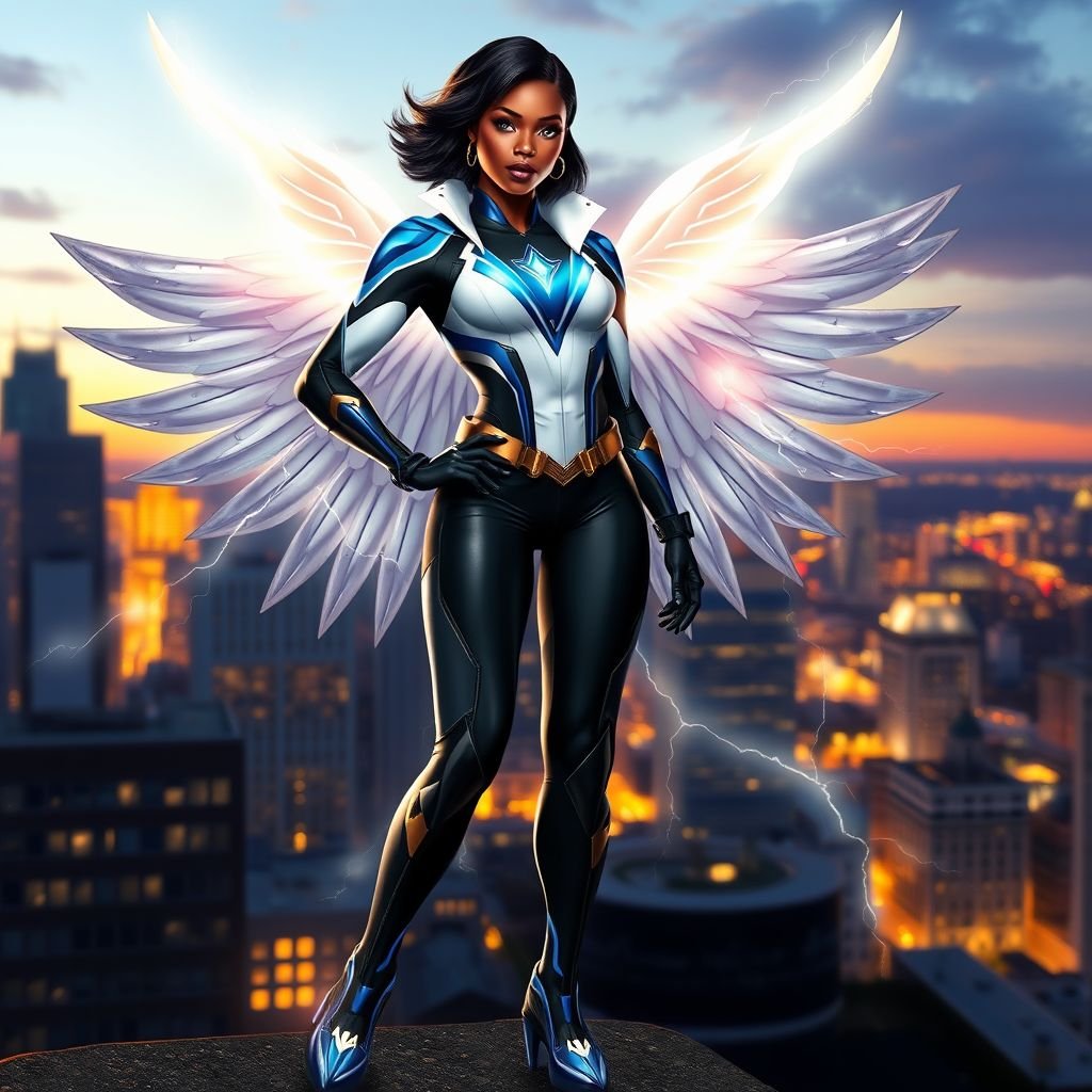 African American female superhero with shoulder length hair in a side part style and wings made of white lightning wearing a slightly homemade  white blue and black suit with black pants with a stylized V as her chest emblem wearing blue flat boots made of gold standing in Philadelphia at dusk