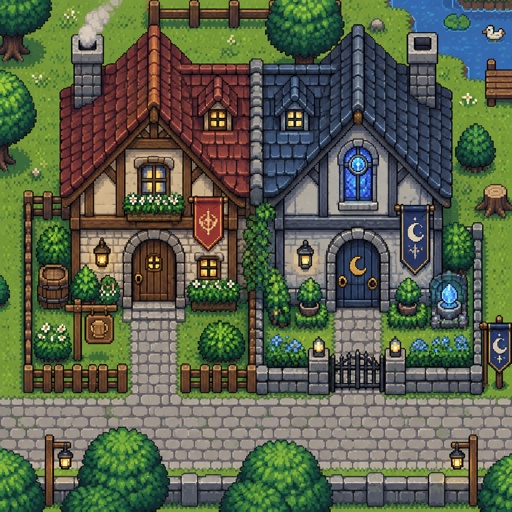 Two houses attached, unique, for a modern fantasy game, exterior, top down style, shading and highlights