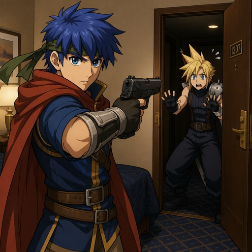 ike from super smash bros in a hotel room holds a gun cloud strife from final fantasy 7 is at the door scared