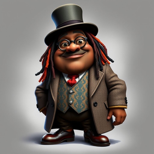 Create a funny fat character similar to Sherlock Holmes, but make him of black decent and with dread locks. Show his whole outfit including his shoes.