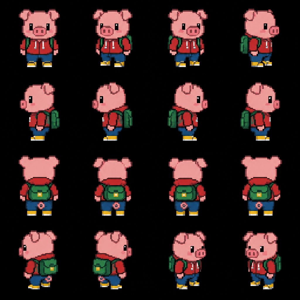 Pig for a fantasy game set in modern times, top-down style, 360, different colors