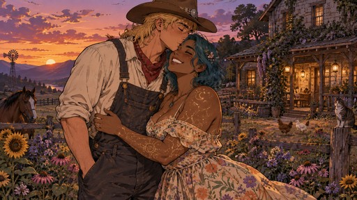 Vivid sketchy fantasy comic-book like D&D concept illustration of a man playfully kissing a woman on the forehead in a flowering farm field in front of a farmhouse at dusk. the woman is tall, toned, curvy, and gentle with wavy bobbed teal hair, dark tan skin, freckles, a straight nose, brown eyes, and all encompassing glittering constellation tattoos, wearing a soft colorful flowy country dress. she giggles and hugs her friend. the man is tall, gentle, and sweet with a blonde messy mullet, soft green eyes and freckles, wearing a cowboy hat and vibrant farm clothes.