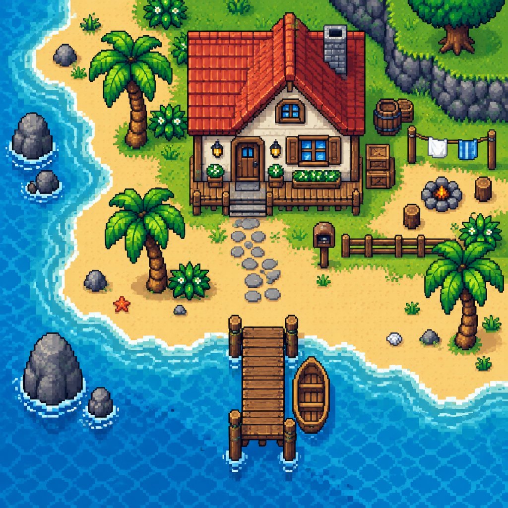 House on the beach for a fantasy game set in modern times, exterior, top down style
