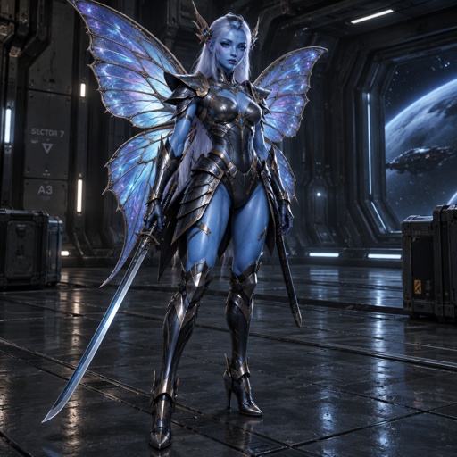 A gorgeous alien butterfly woman in a futuristic space samurai armor. Show whole body. 