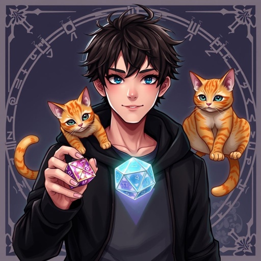A guy with dark brown hair who holds epic looking dices normal size with 20 sides in one hand, he wears a black hoodie and he has one orange cat with pretty design at his shoulder, and has a small smile, his nails are not painted