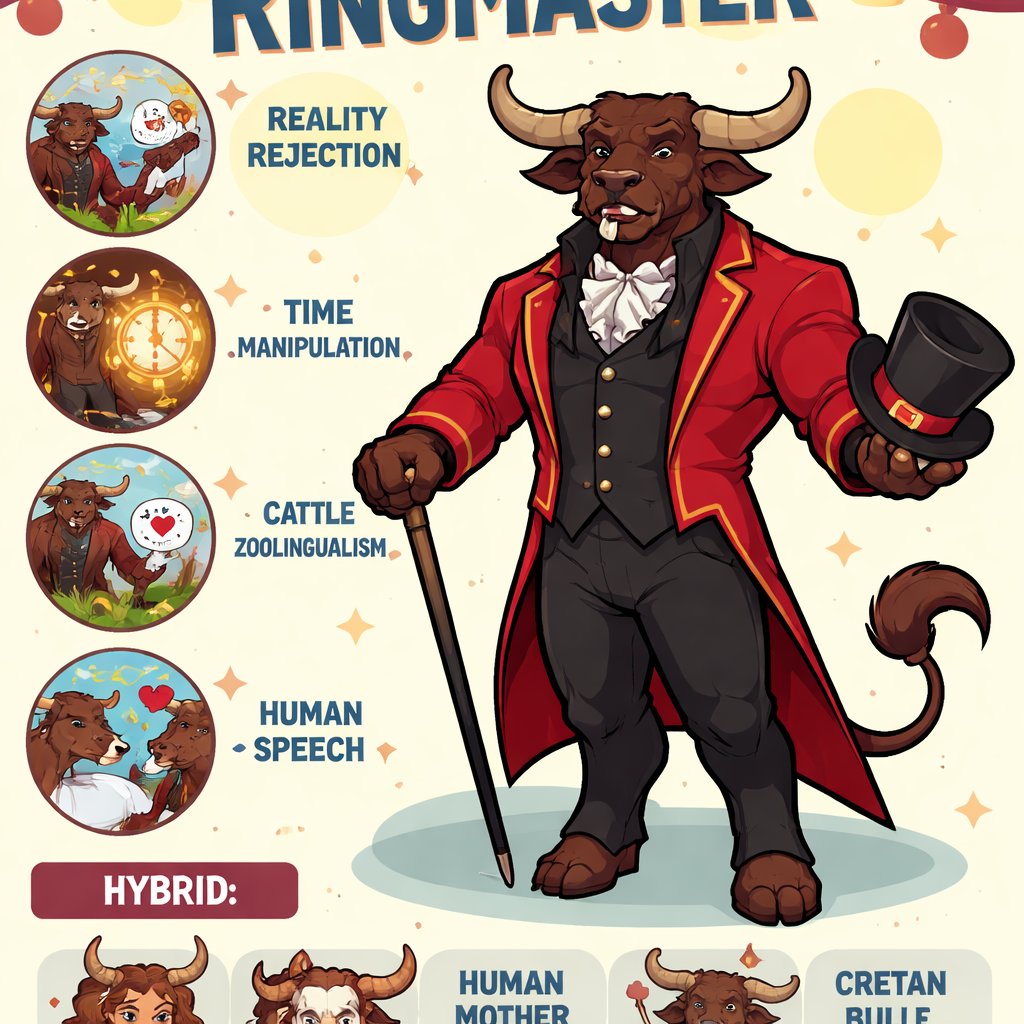 A male medium brown Minotaur with brown eyes that has a well~proportioned figure that works at freak show as the ringmaster. That has abilities of Reality Rejection, Time Manipulation (Chronokineses), Zoolingualism (Language of Cattle only), Human Speech. He’s basically a hybrid with his mother being a human with half-animal (Cretan bull) physiology and his father a Cretan Bull.