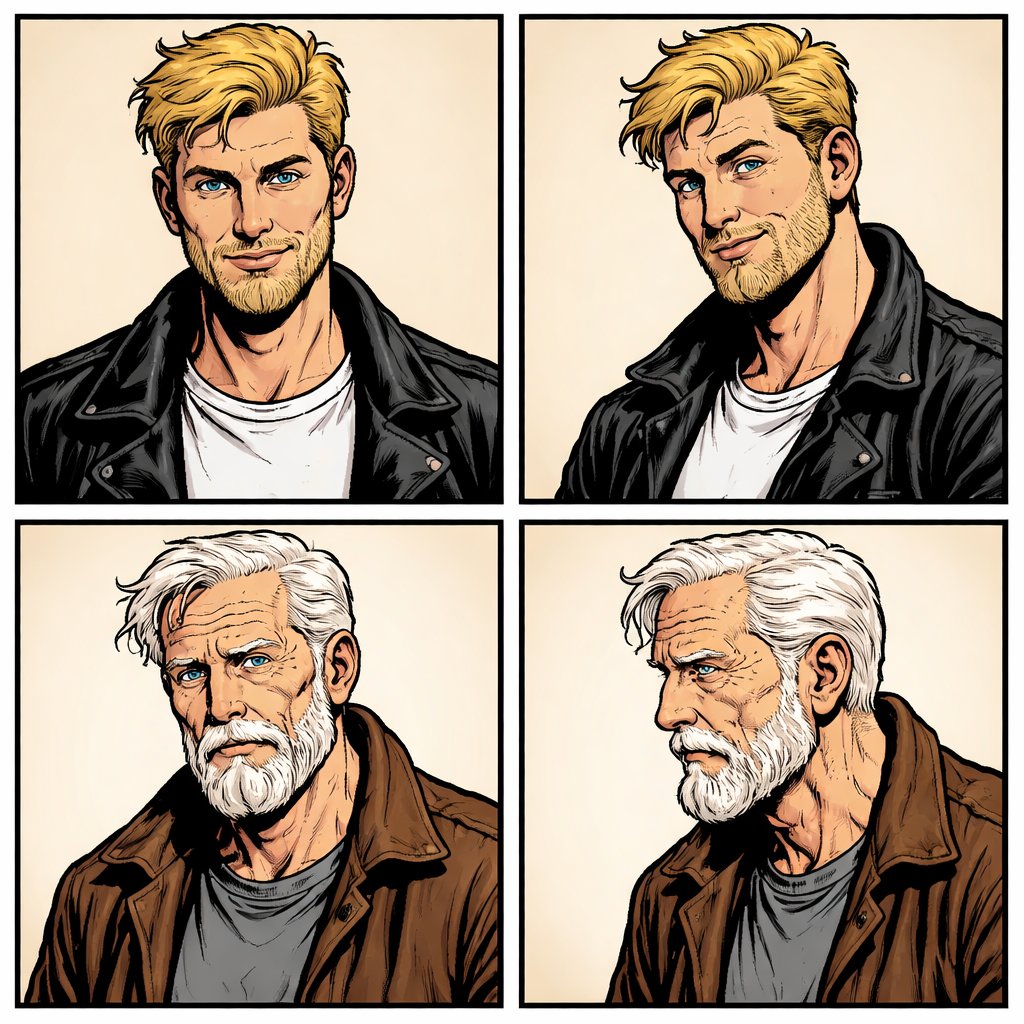 Realistic, refined, no caricature four panels in total the first two panels a front view and three-quarter side view a young man late 20s blonde hair blonde beard not very pleasant looking. The next two panels are the same person, looking older, a lot older, three-quarter front pose and side, pose head and shoulders and head and waist.